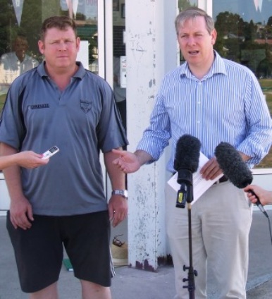 *Moonee Valley CC Vice President Simon Thornton (left) and Victorian Health Minister David Davis are interviewed by the media on healthy lifestyles and the Victorian Population Health Survey. *Moonee Valley CC Vice President Simon Thornton (left) and Victorian Health Minister David Davis are interviewed by the media on healthy lifestyles and the Victorian Population Health Survey.
